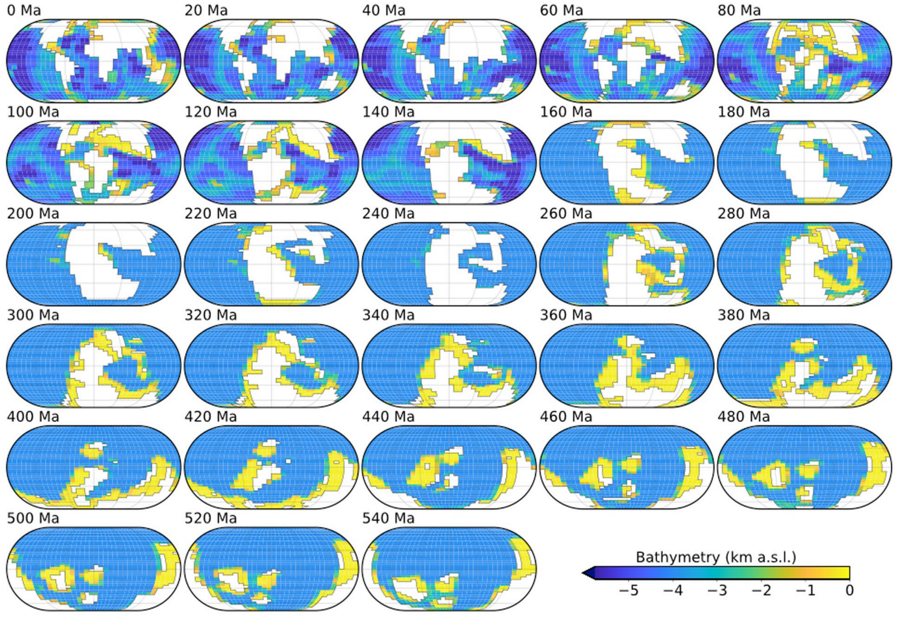 Bathymetric reconstructions used in cGENIE spanning the Phanerozoic.